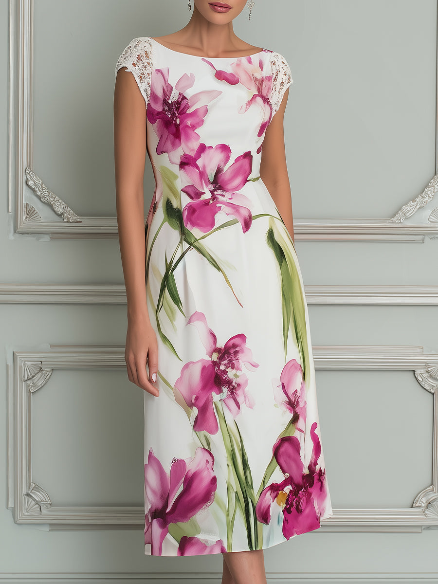 Elegant Floral Lace Sleeve Midi Dress