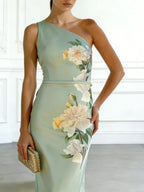 Light Green Floral Classic One Shoulder Sleeveless Sheath Maxi Dress