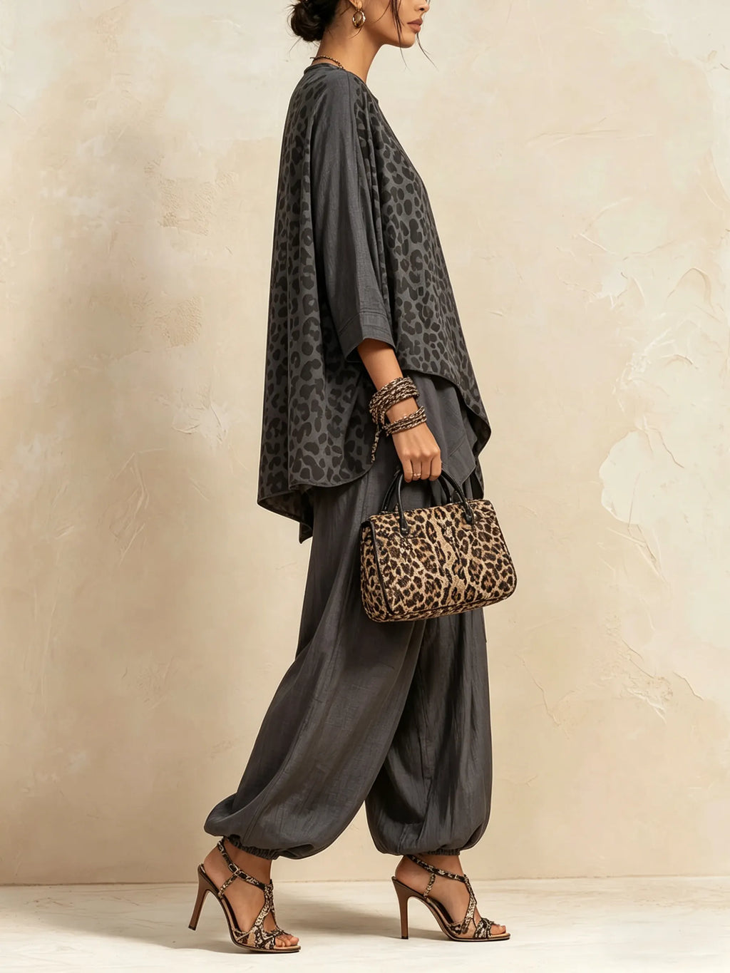 Dark Grey Leopard Print Asymmetric Linen-Blend Co-ord Set