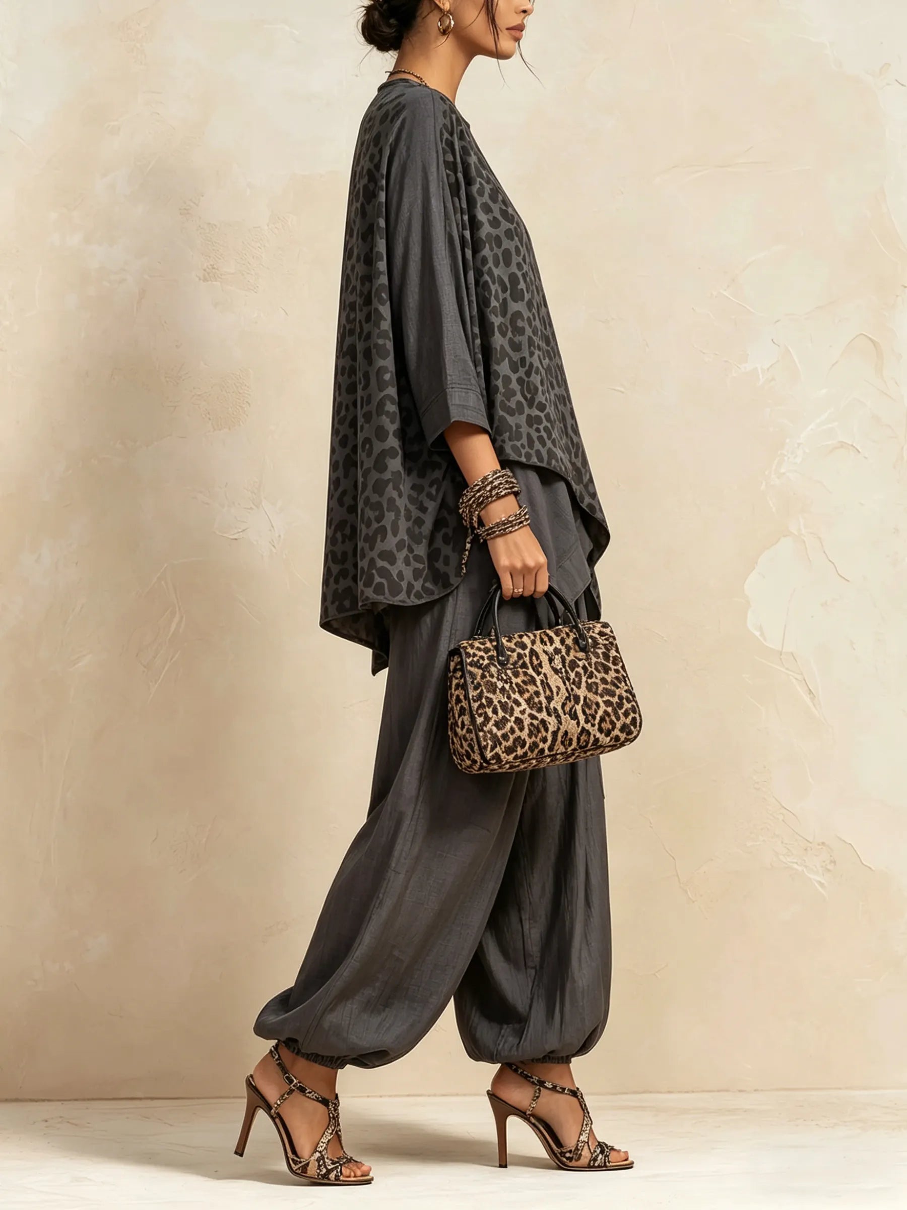 Dark Grey Leopard Print Asymmetric Linen-Blend Co-ord Set