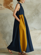 Halter Neck Color Block Denim Maxi Dress