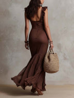 Vintage Satin Maxi Dress With Chiffon Ruffle Hem