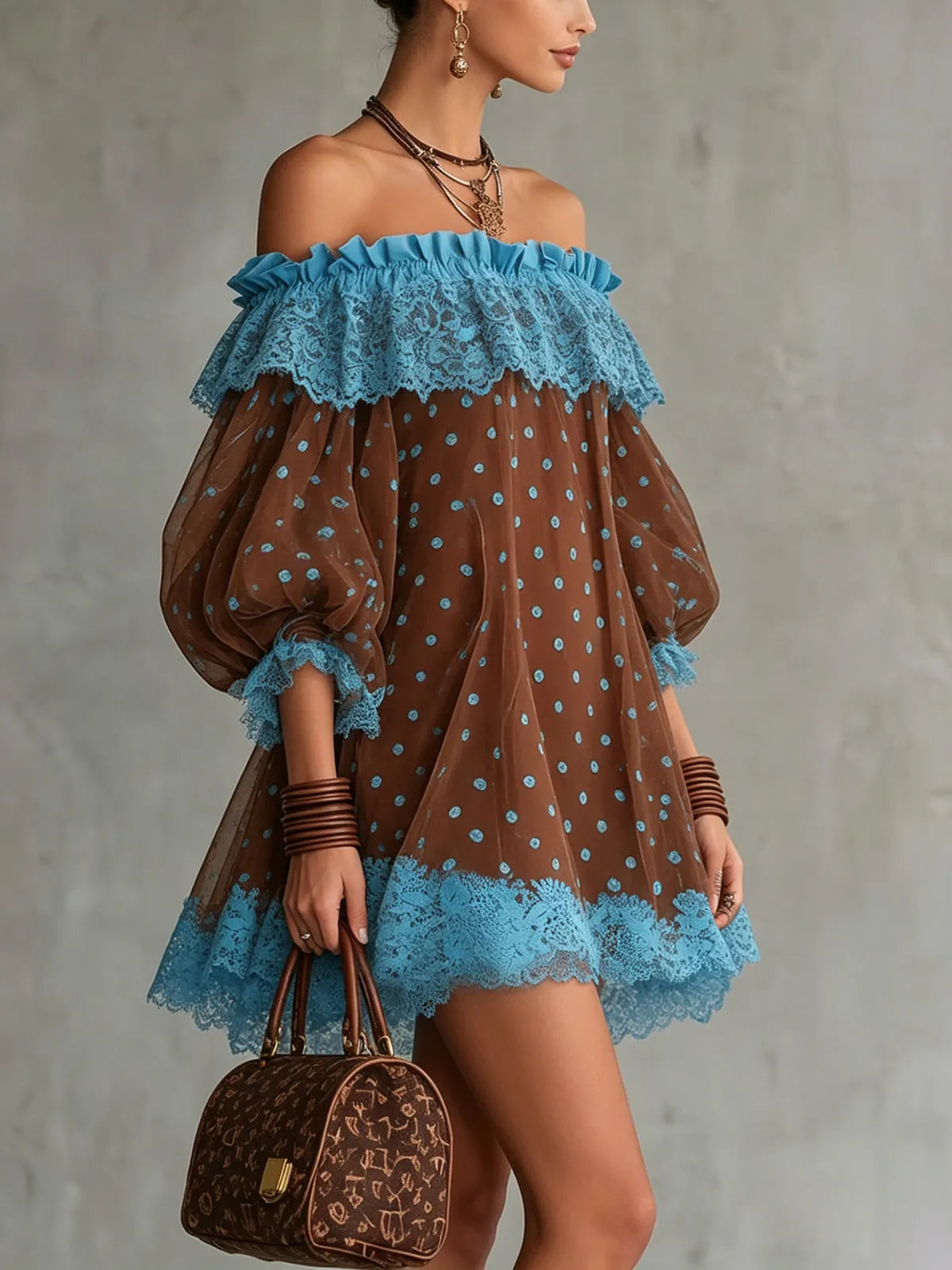Brown And Blue Off-Shoulder Polka Dot Lace Mini Dress