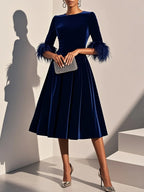 Purplish blue Feather-trimmed Velvet Crew Neck Half Sleeve A-Line Midi Dress