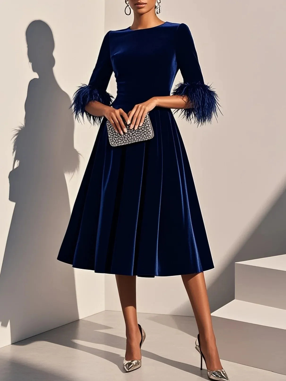 Purplish blue Feather-trimmed Velvet Crew Neck Half Sleeve A-Line Midi Dress