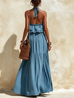 Blue Crisscross Halter Neck Ruffled Tiered Maxi Dress