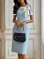 Black Bow Short Sleeve Sheath Midi Dress
