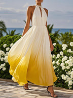 Pink Chiffon Halter Ombre Faux Pearl Cut Out Sleeveless A-Line Mock Neck Maxi Dress