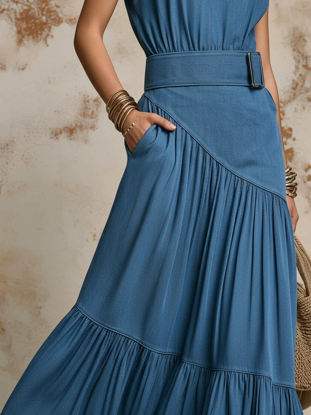 Blue Tencel Denim Belted Maxi Dress | Effortless Casual Chic Style