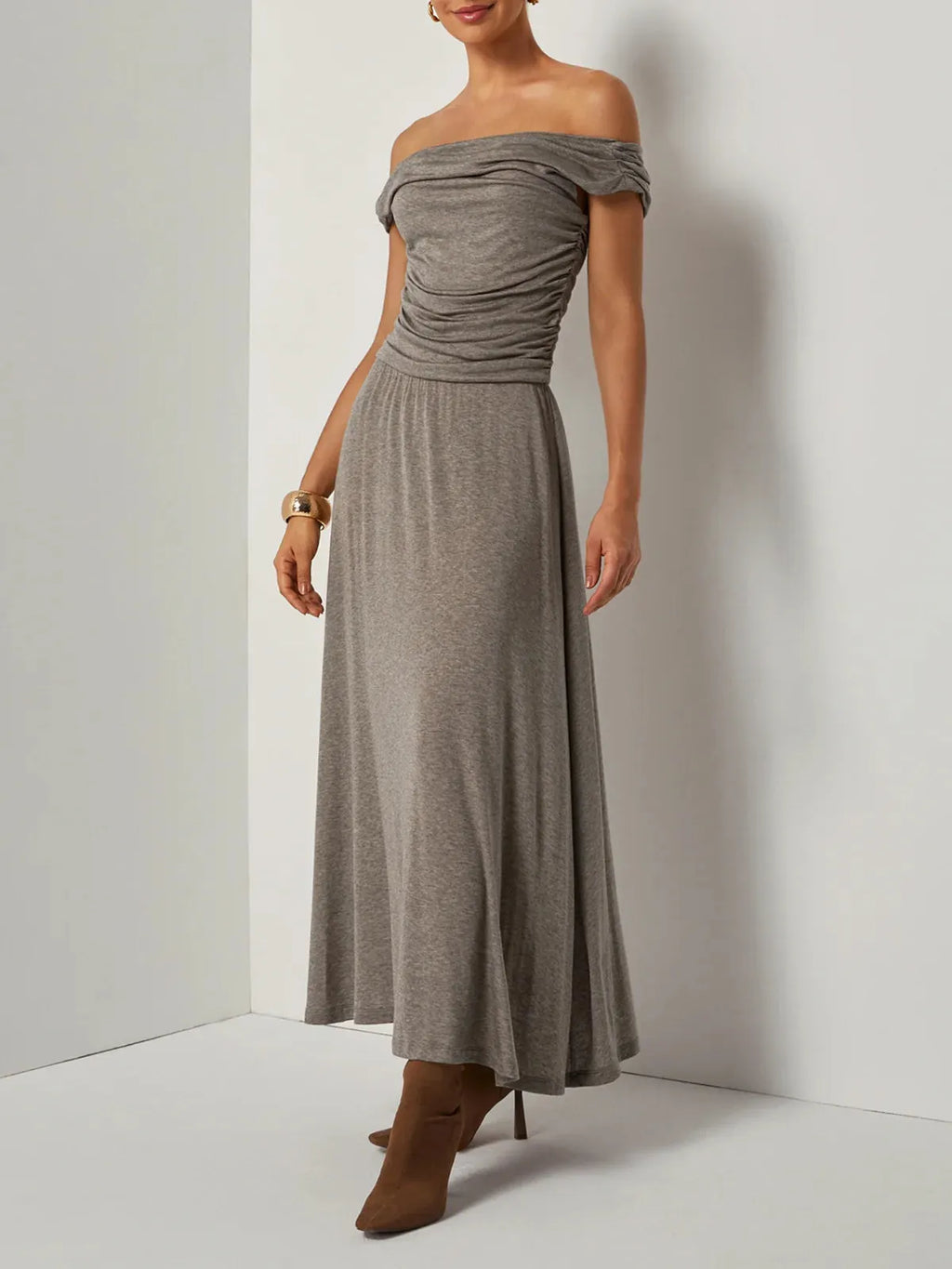 Khaki Lyocell Wool Ruched Knit Versatile One Shoulder/ Off-the-Shoulder Sleeveless A-Line Maxi Dress