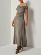 Khaki Lyocell Wool Ruched Knit Versatile One Shoulder/ Off-the-Shoulder Sleeveless A-Line Maxi Dress