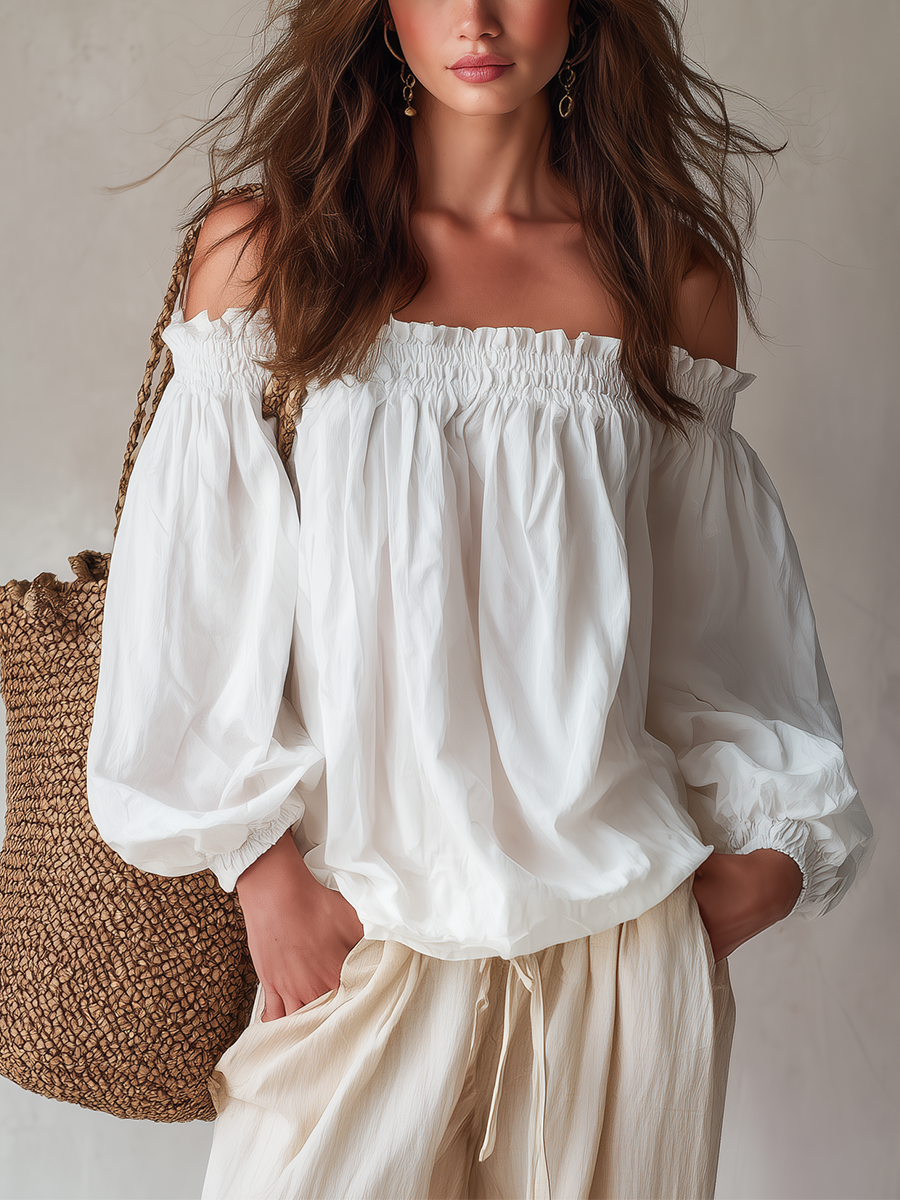 Casual White Off-shoulder Puff Sleeve Top