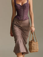 Retro Button-Embellished Vest & Washed Ruched Skirt Set