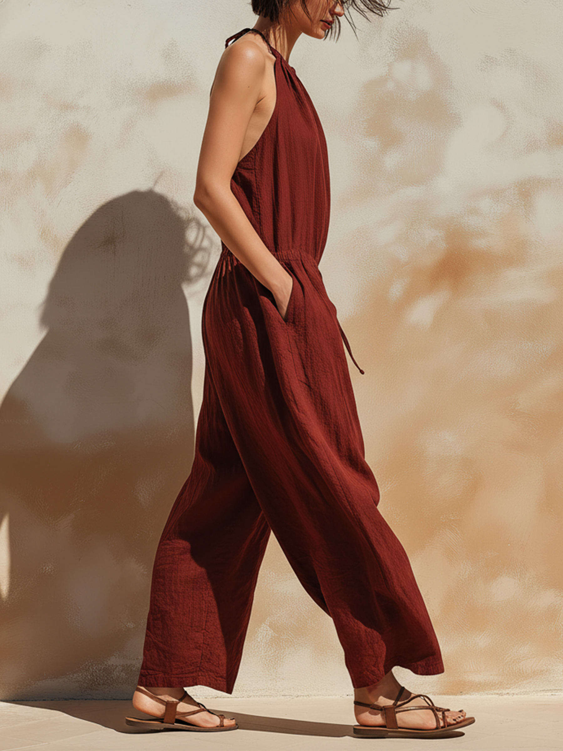 Burgundy Linen Blend Halter Neck Harem Jumpsuit