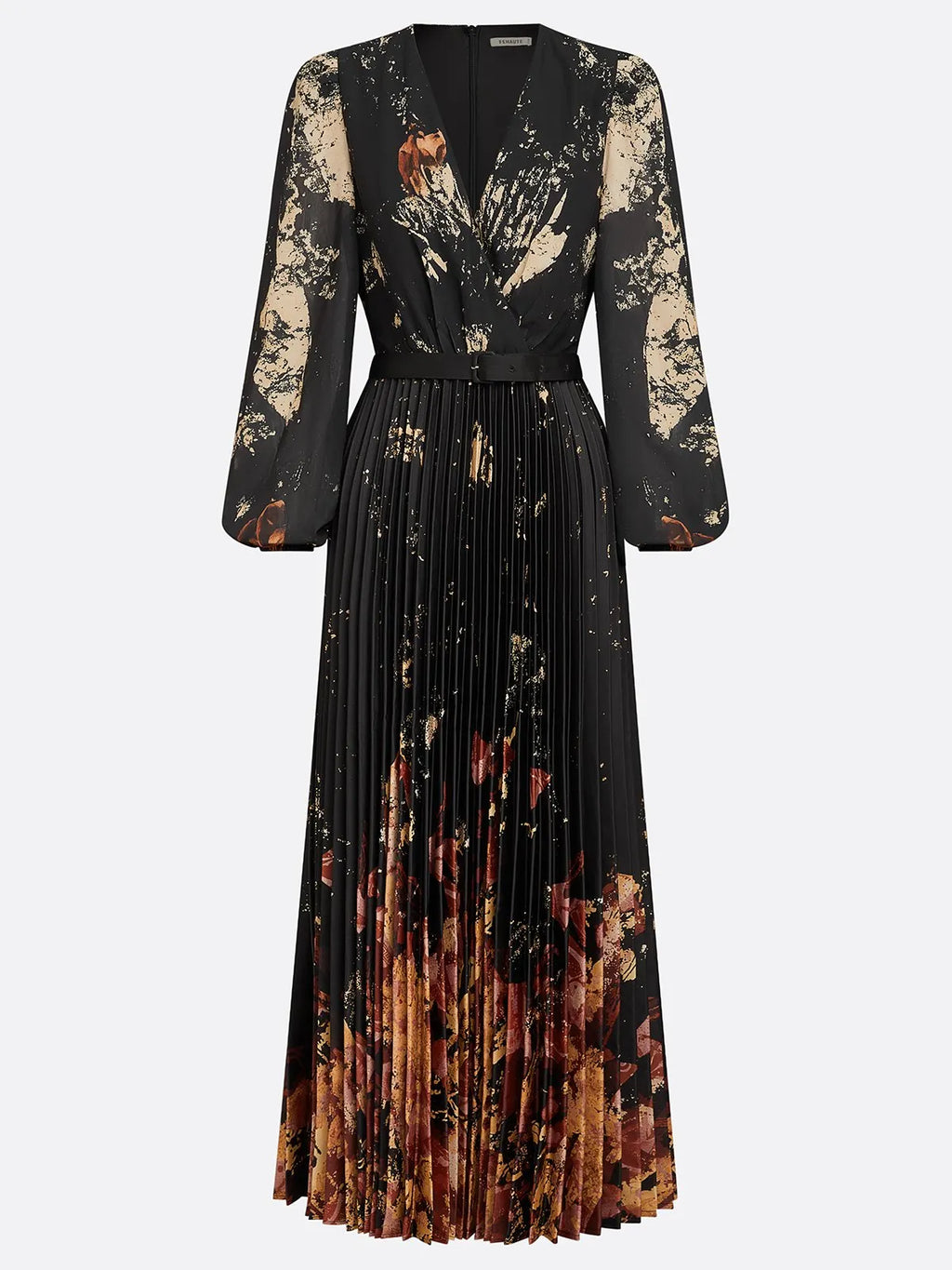 Black Floral Chiffon V Neck Long Sleeve Balloon Sleeve A-Line Maxi Dress