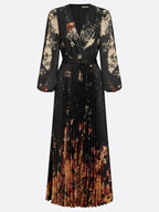 Black Floral Chiffon V Neck Long Sleeve Balloon Sleeve A-Line Maxi Dress