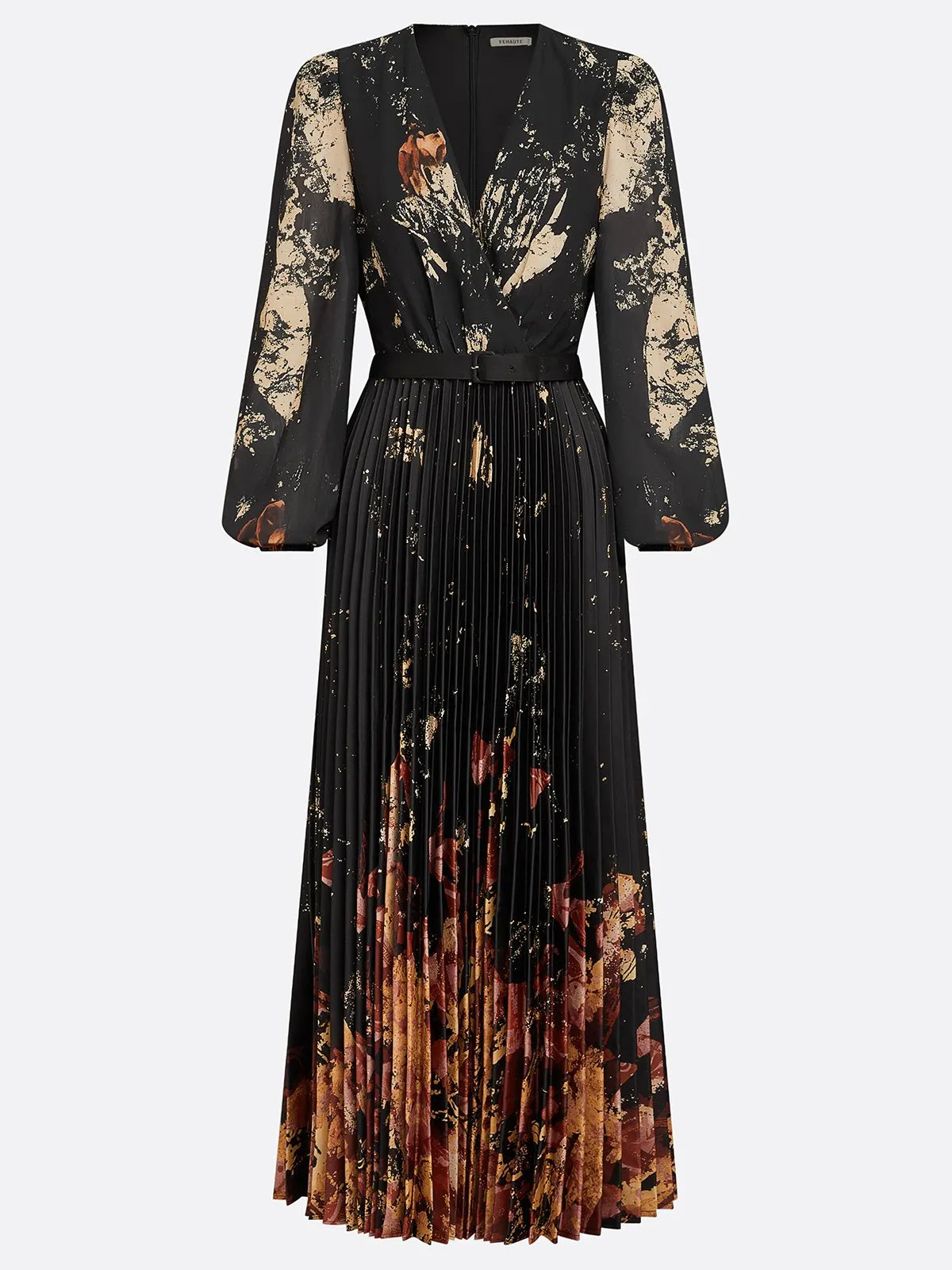 Black Floral Chiffon V Neck Long Sleeve Balloon Sleeve A-Line Maxi Dress