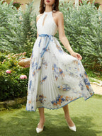 White Pleated Floral Chiffon Halter Sleeveless A-Line Maxi Dress
