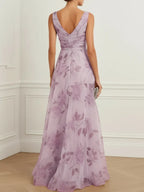 Purple 3D Floral Chiffon V Neck Sleeveless A-Line Gown Dress