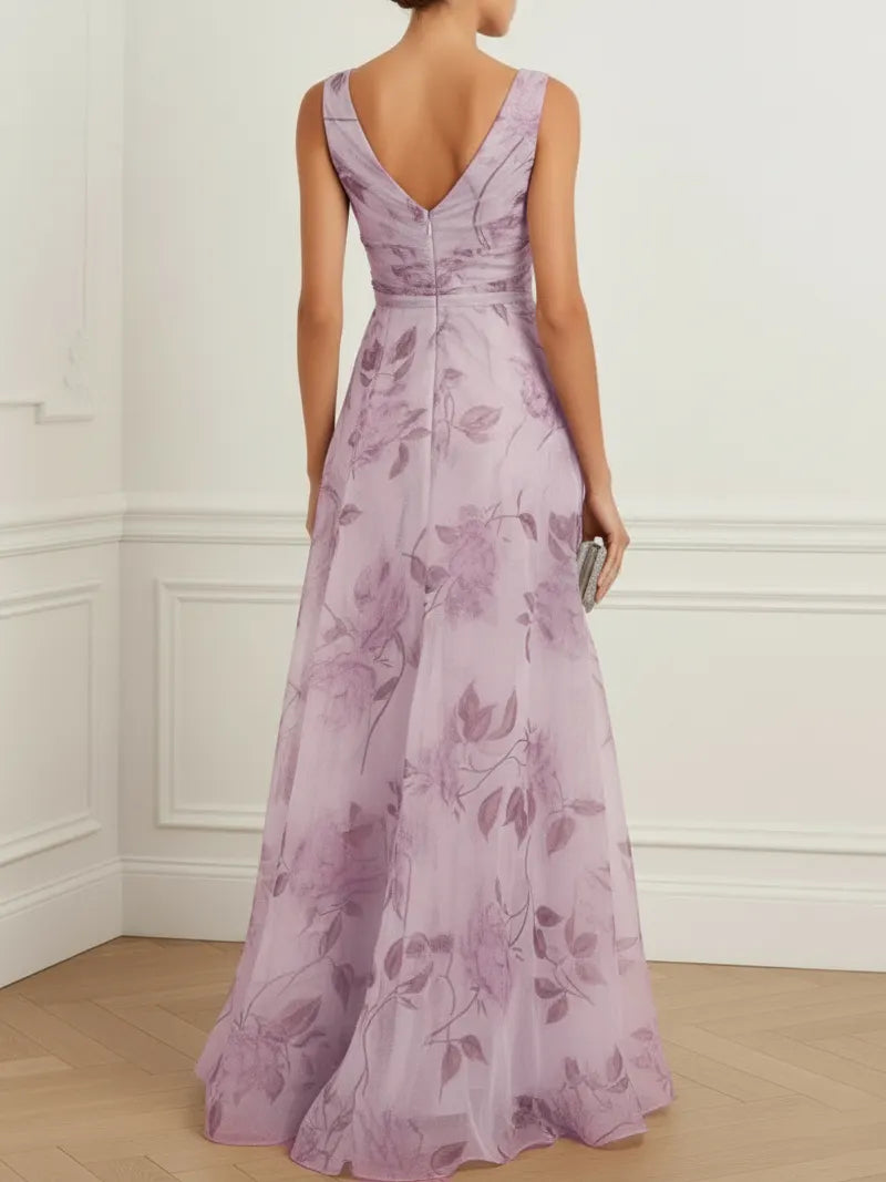Purple 3D Floral Chiffon V Neck Sleeveless A-Line Gown Dress