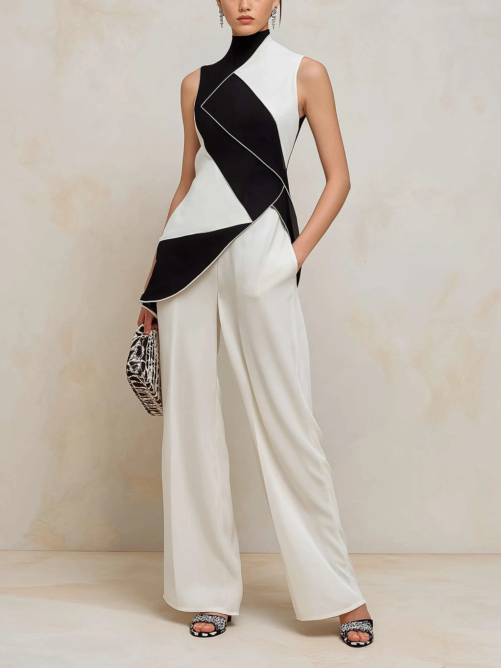 Asymmetric Geometric Color-Block Top & Wide-Leg Pants Set