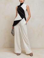 Asymmetric Geometric Color-Block Top & Wide-Leg Pants Set
