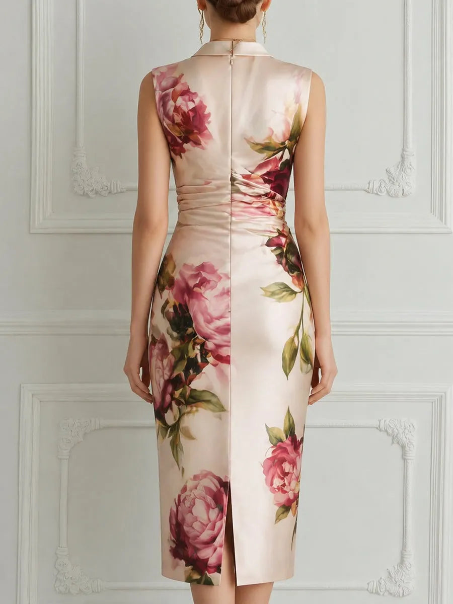 Deep V-Neck Draped Waist Floral Print Fitted Midi Dress