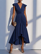 Pink Shirred Ruched Chiffon Lotus Leaf Collar Cap Sleeve Ruffle Sleeve Mermaid Midi Dress