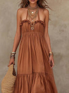 Bohemian Cotton-Linen Halter Tiered Maxi Dress