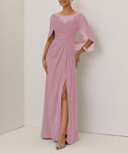 Purplish blue Lace Chiffon Boat Neck Short Sleeve A-Line Maxi Mother of the Bride or Groom Dress