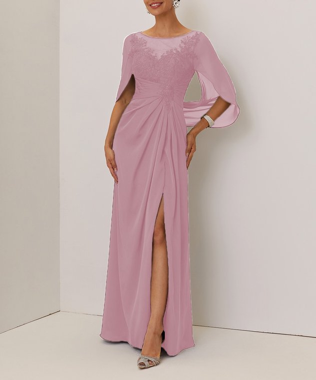 Purplish blue Lace Chiffon Boat Neck Short Sleeve A-Line Maxi Mother of the Bride or Groom Dress