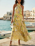 Yellow Ruffled Floral Chiffon Halter Sleeveless A-Line Maxi Dress