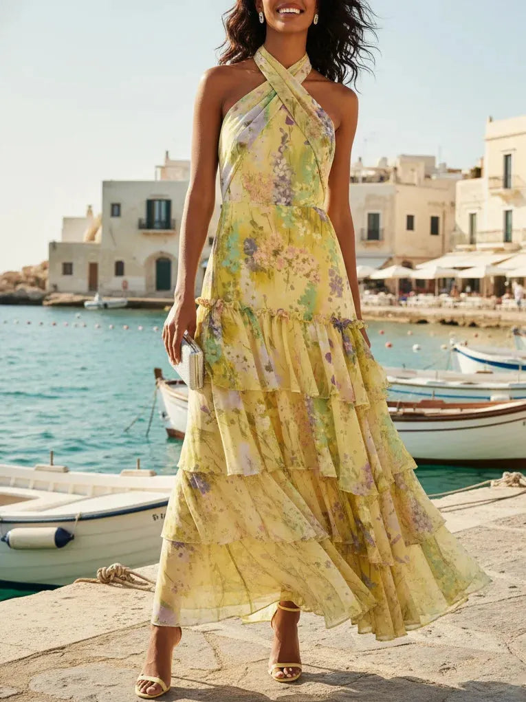 Yellow Ruffled Floral Chiffon Halter Sleeveless A-Line Maxi Dress