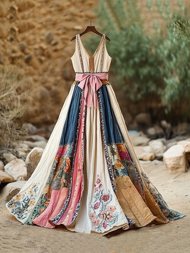 Women's Vintage Floral Art Linen Dress 0957