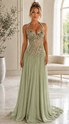Halter Floral Illusion Corset Chiffon Gown