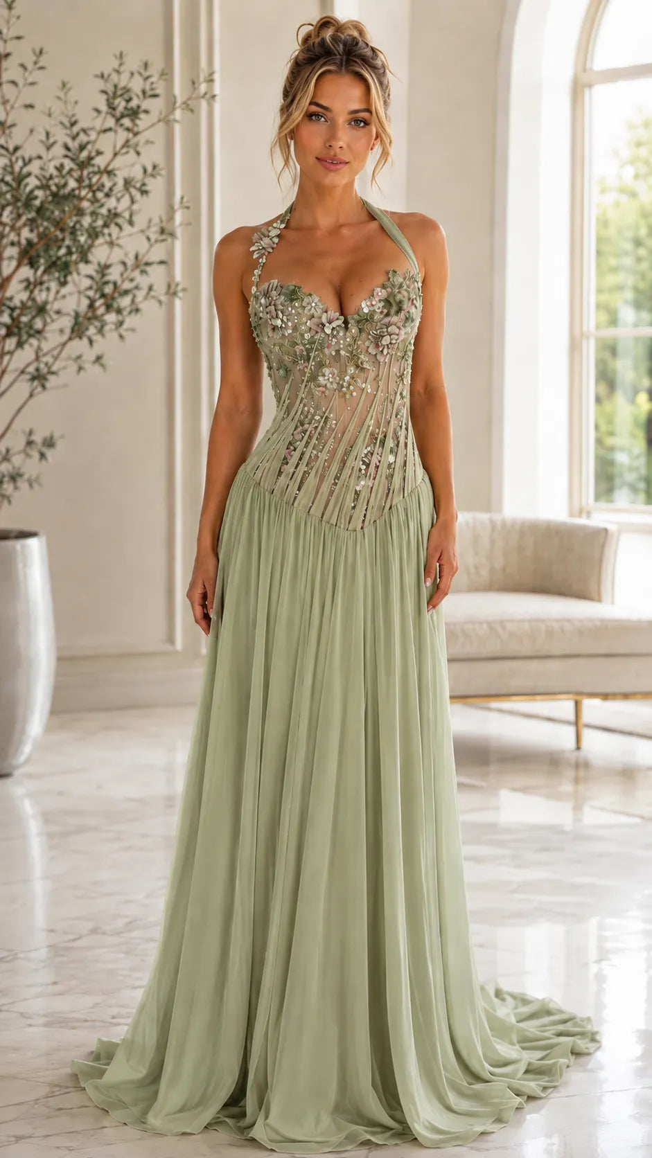 Halter Floral Illusion Corset Chiffon Gown