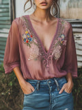 (sale)Elegant Gray Purple Floral Embroidery Half Sleeve Chiffon Shirt
