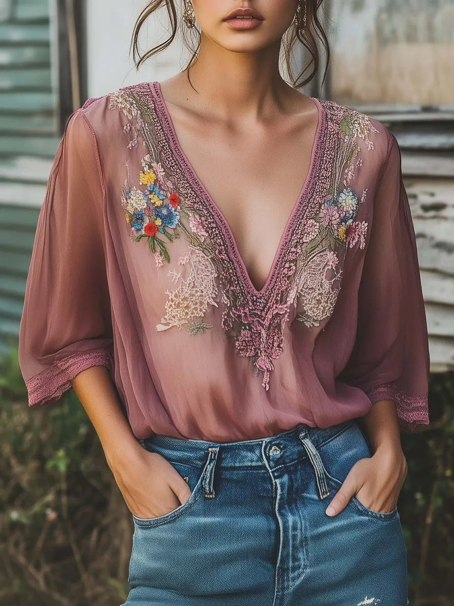 (sale)Elegant Gray Purple Floral Embroidery Half Sleeve Chiffon Shirt