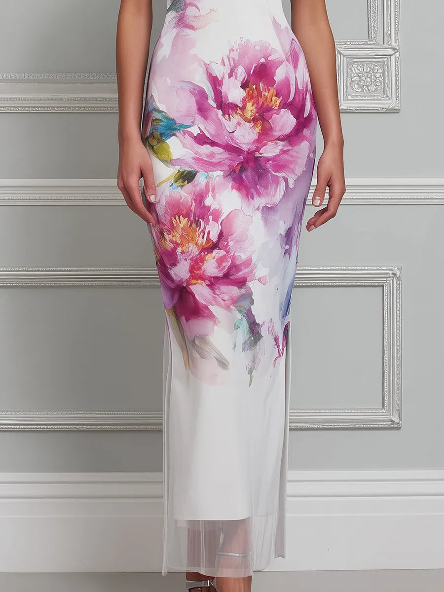 Elegant Floral Sheer Hem Maxi Dress