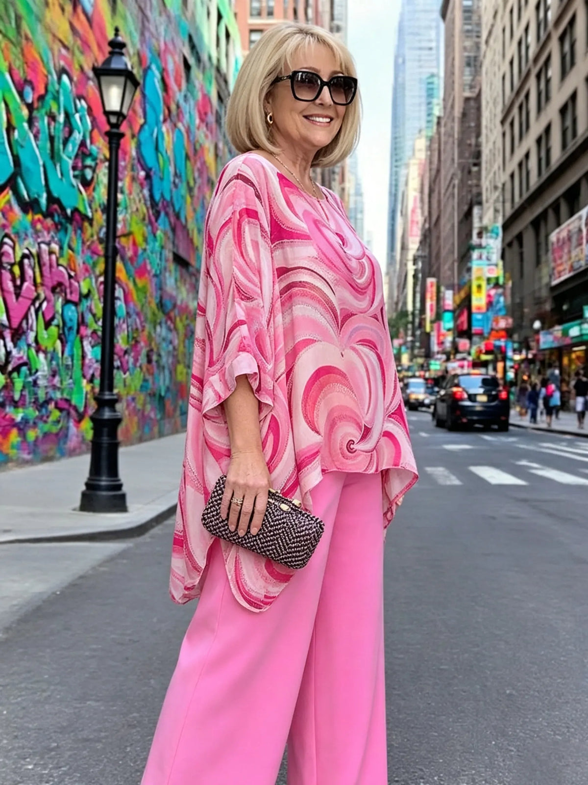 Vibrant Swirl Print Chiffon 2‐Piece Outfit, Loose Boat Neck Tunic Top & Bright Wide‐Leg Pants Set for Women