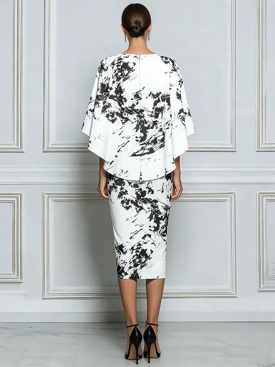 Abstract Print Sheath Dress With Detachable Capelet