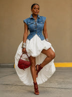 Sleeveless Denim Vest High Low Skirt Two Piece Set