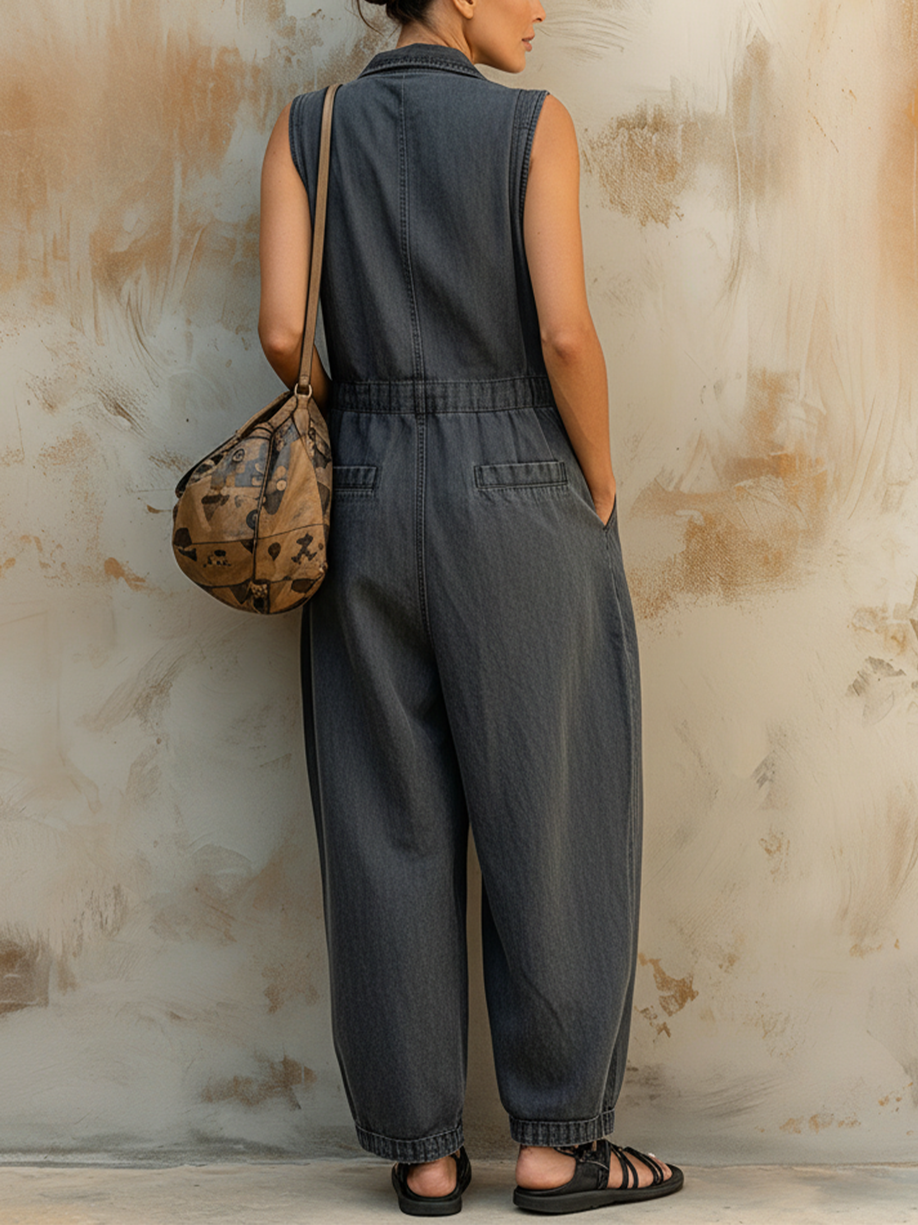 Dark Wash Denim Sleeveless Utility Jumpsuit With Collared Neck