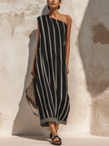 Black & Beige Striped One-Shoulder Maxi Dress