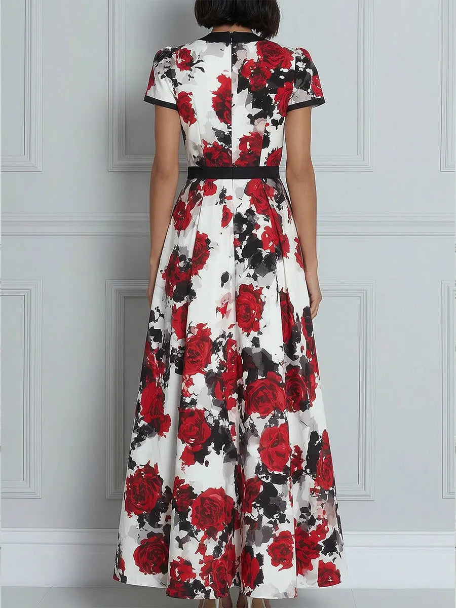 Deep V-Neck Contrast Trim Floral Print A-Line Midi Dress