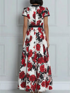Deep V-Neck Contrast Trim Floral Print A-Line Midi Dress