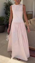 Sleeveless Round Neck Gathered Waist Maxi Dress