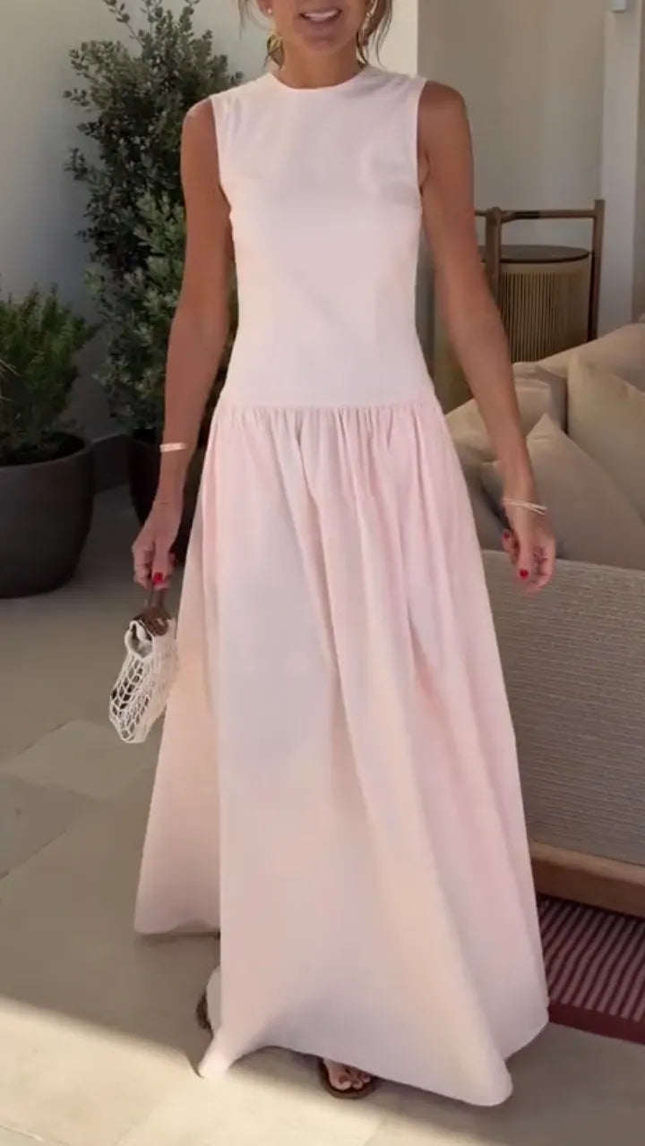 Sleeveless Round Neck Gathered Waist Maxi Dress