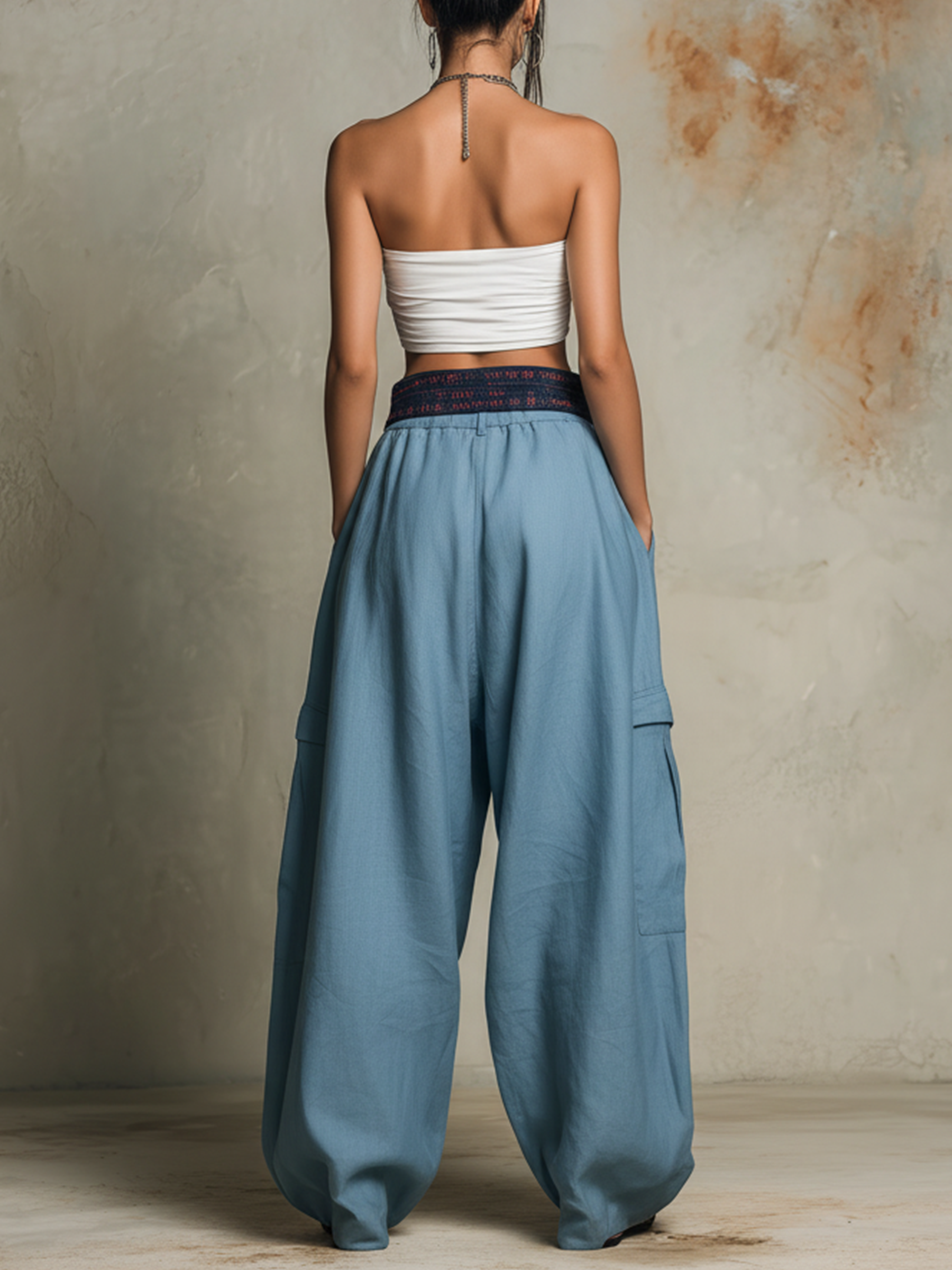 Dusty Blue Patchwork Waist Oversized Wide-Leg Cargo Pants