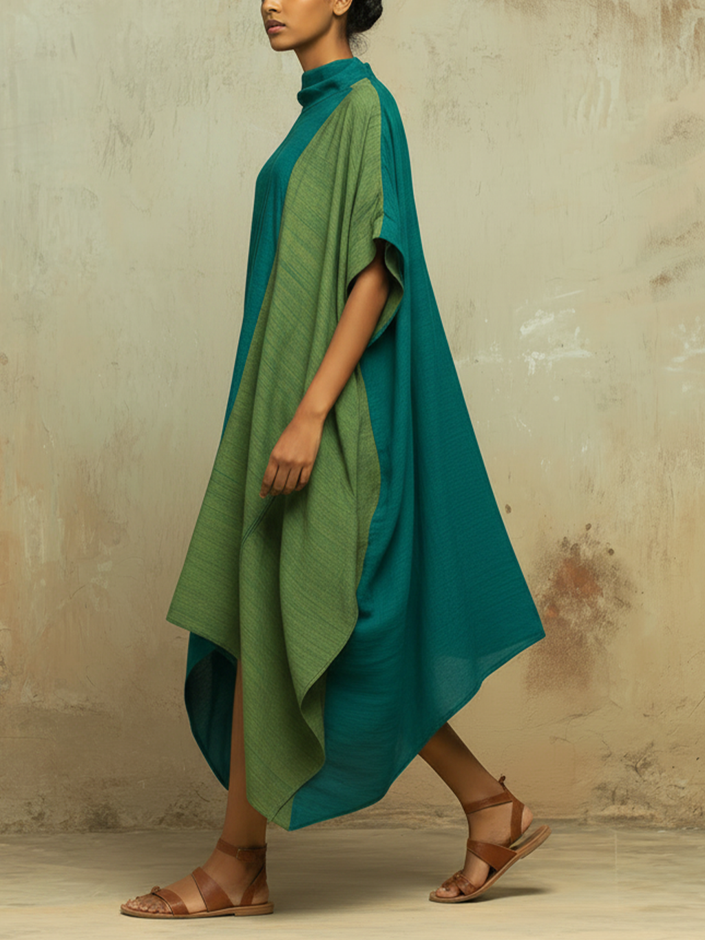 Teal & Olive Colorblock Linen Blend Asymmetrical Kaftan Dress